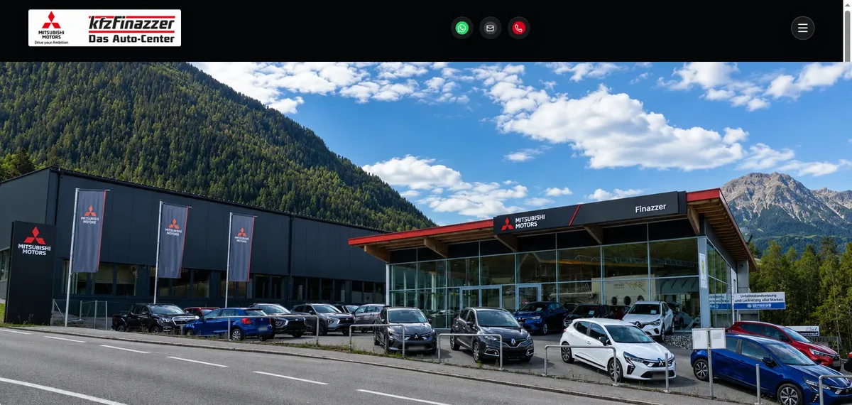 Website KFZ Finazzer mit Header, Fahrzeugen und Tiroler Bergkulisse